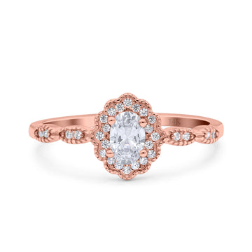 14K Rose Gold Halo Art Deco Oval Bridal Simulated CZ Wedding Engagement Ring Size-7